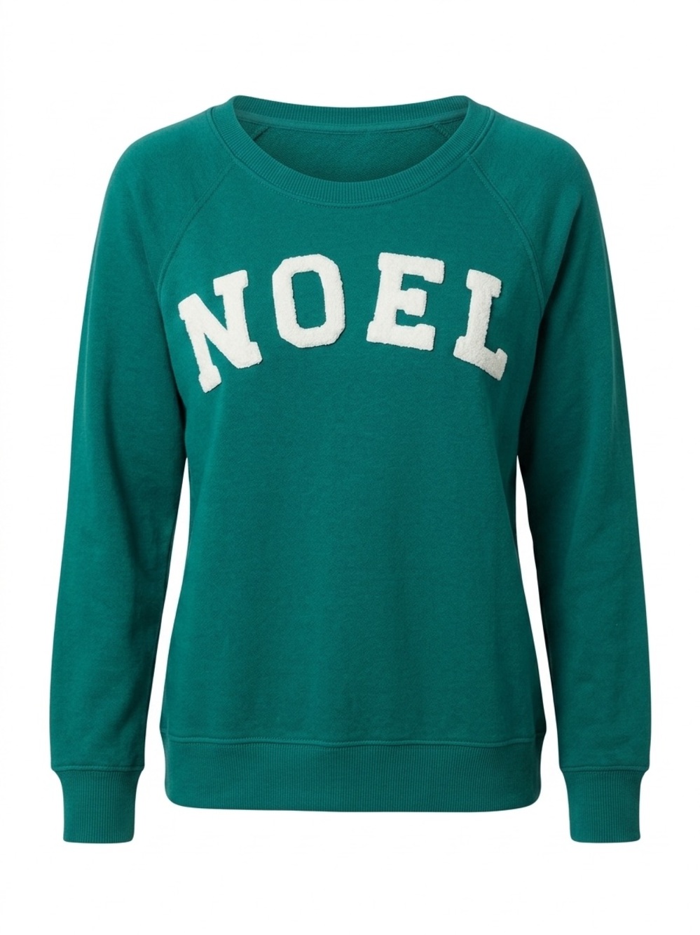 Philosophy Green Crewneck Sweater with White NOEL Appliqué